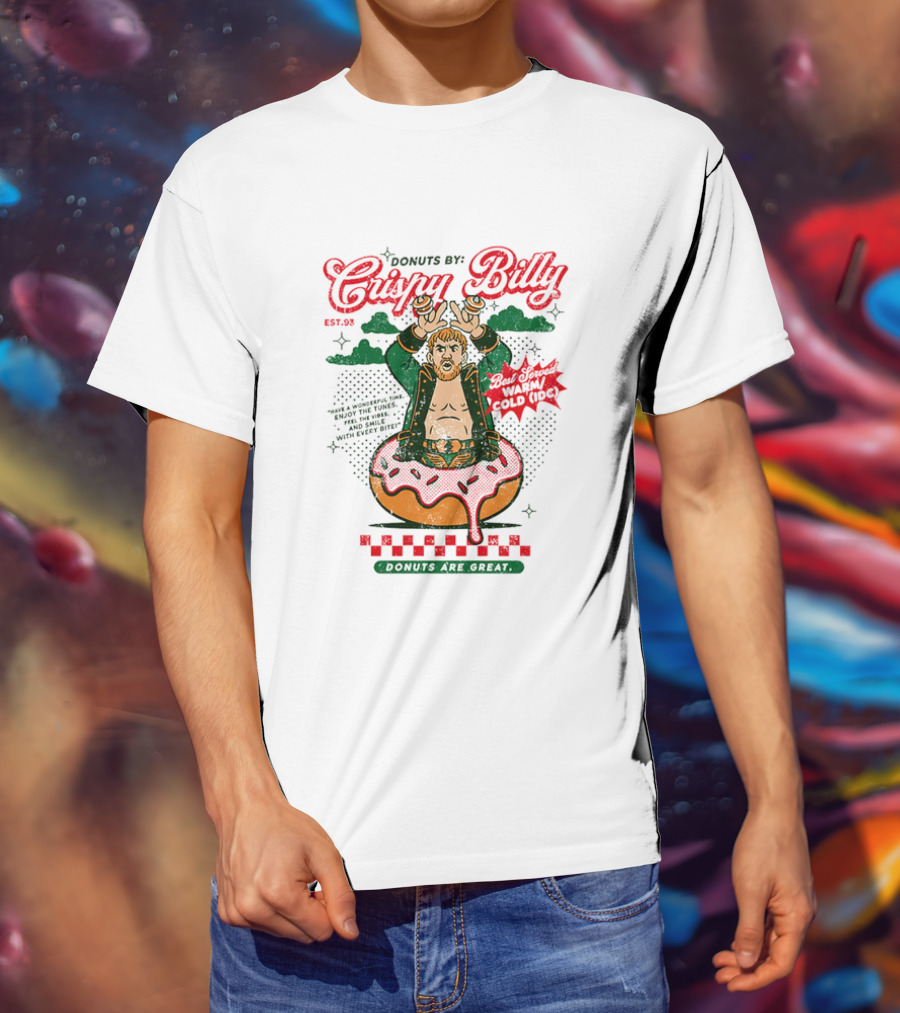 Donuts By Crispy Billy Est. 93 Warm And Delicious Retro Cartoon Wrestler T-Shirt