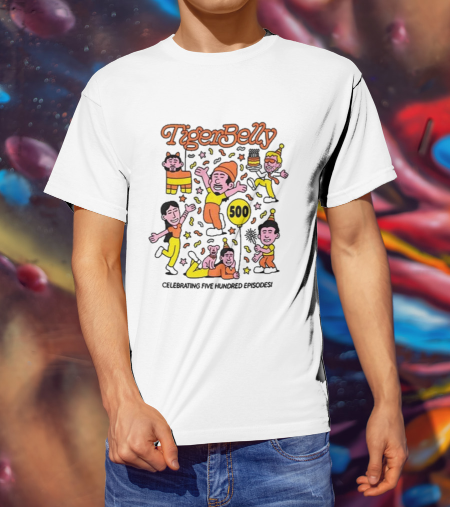 Tigerbelly 500 Episode Celebration Festive Characters And Balloon T-Shirt