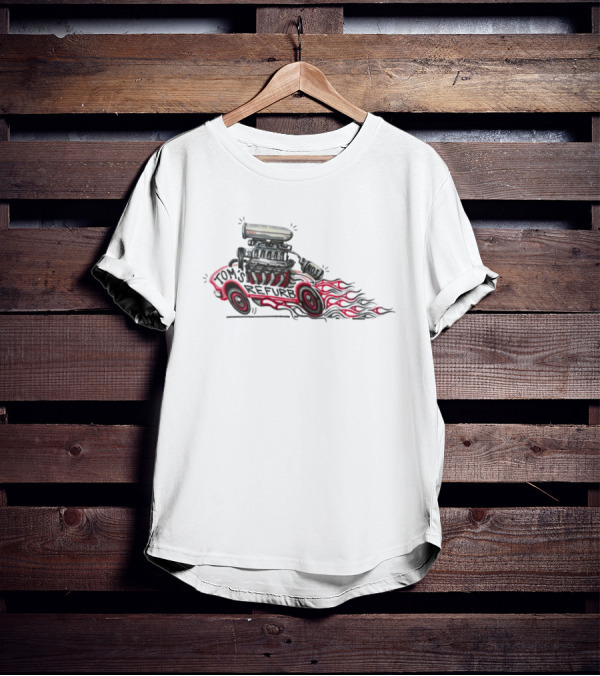 Tom’s Refurb Hot Rod Car Illustration Flames And Engine Art T-Shirt