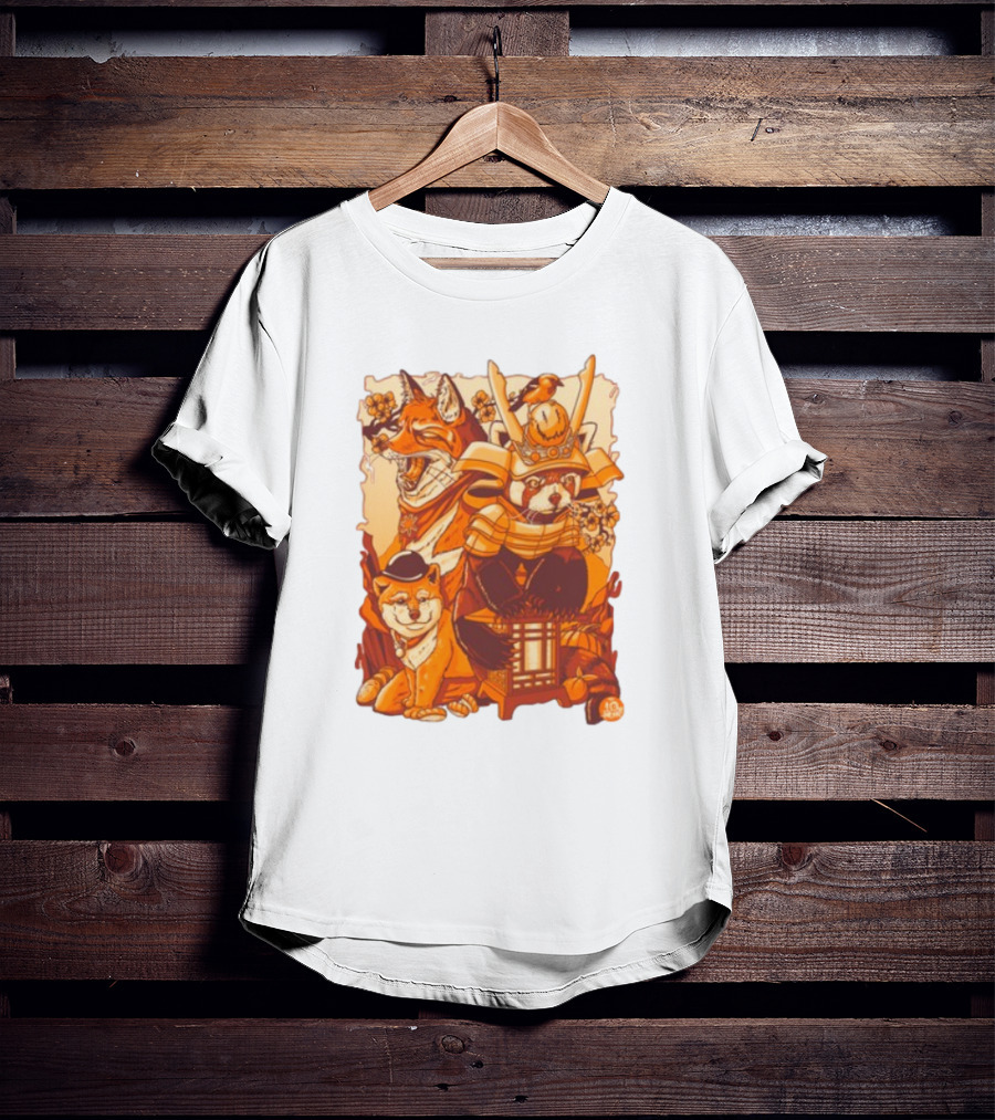 Tenhun Orange Fuzz Fox And Samurai Red Panda With Lantern T-Shirt