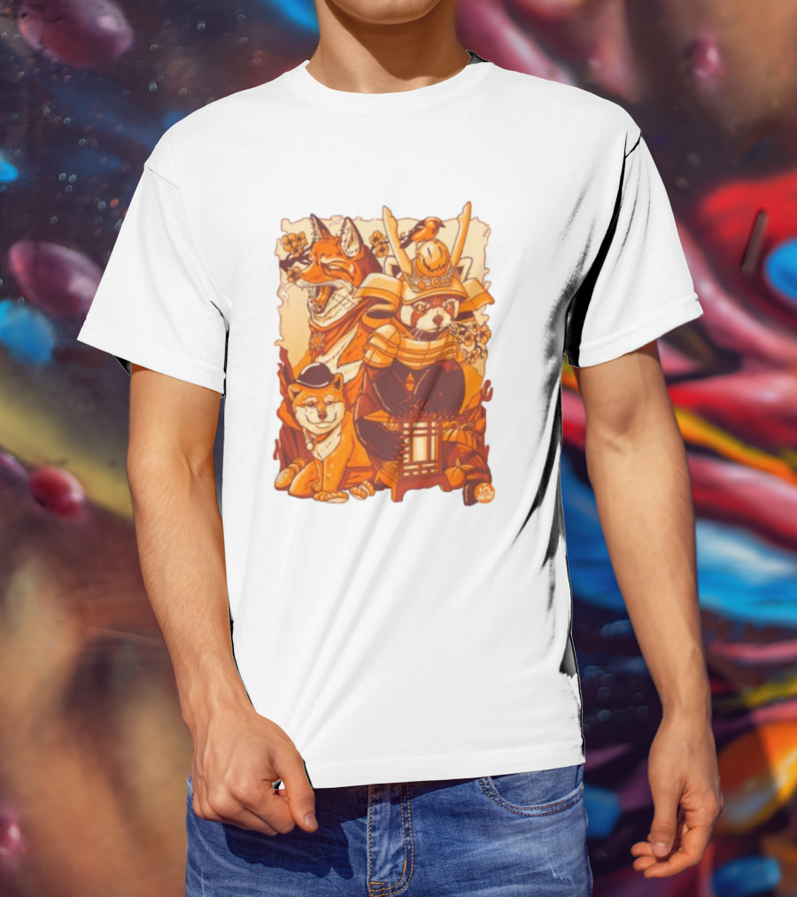 Tenhun Orange Fuzz Fox And Samurai Red Panda With Lantern T-Shirt