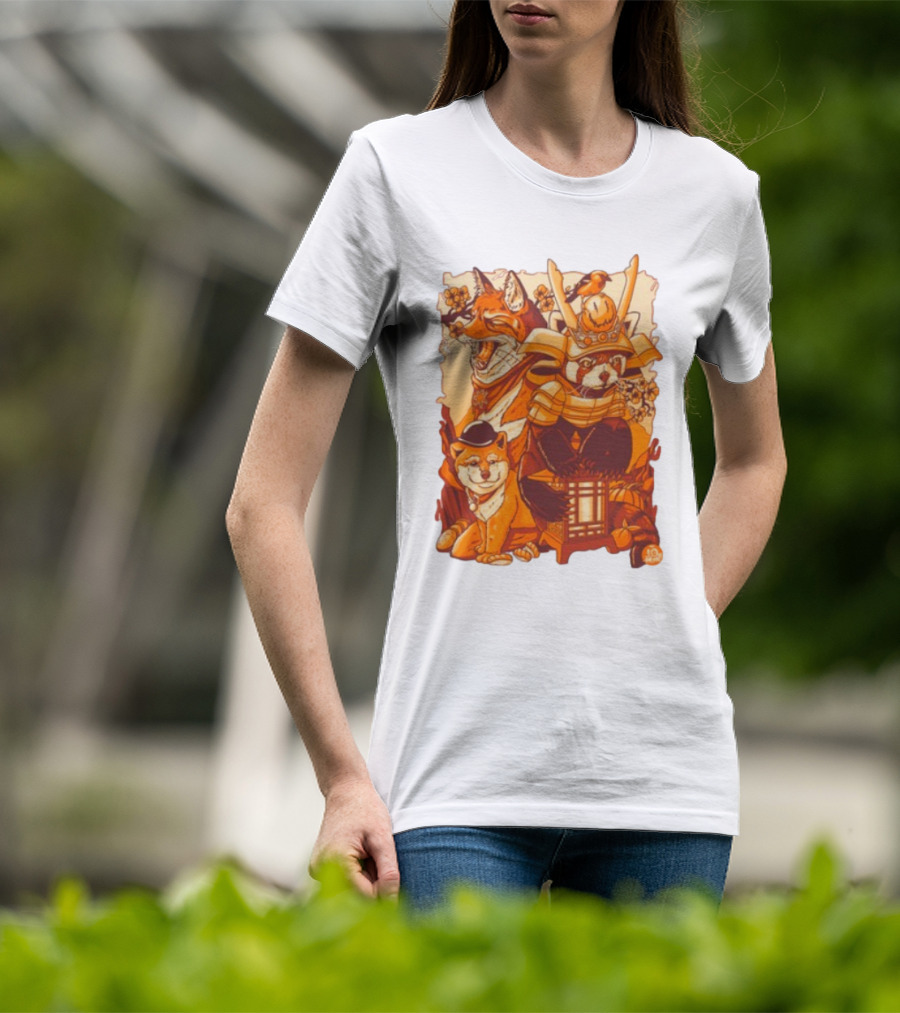Tenhun Orange Fuzz Fox And Samurai Red Panda With Lantern T-Shirt