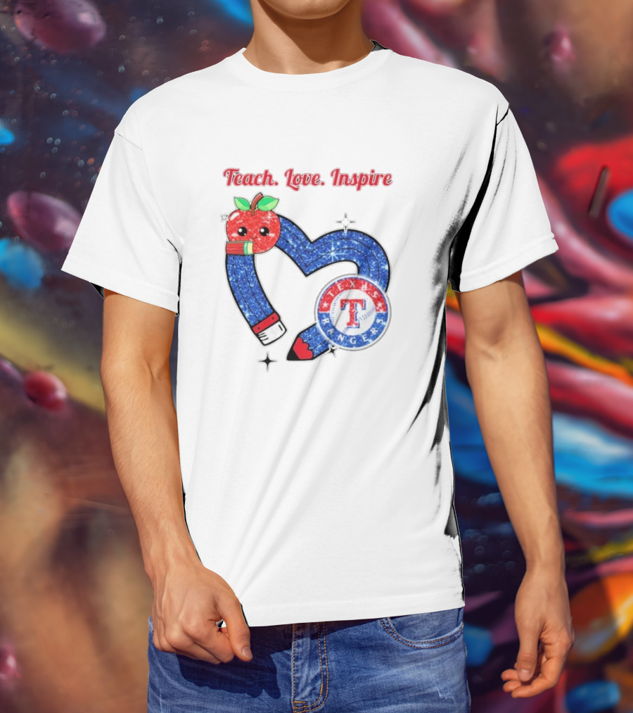 Texas Rangers Sparkling Heart Apple Pencil Teach Love Inspire T-Shirt