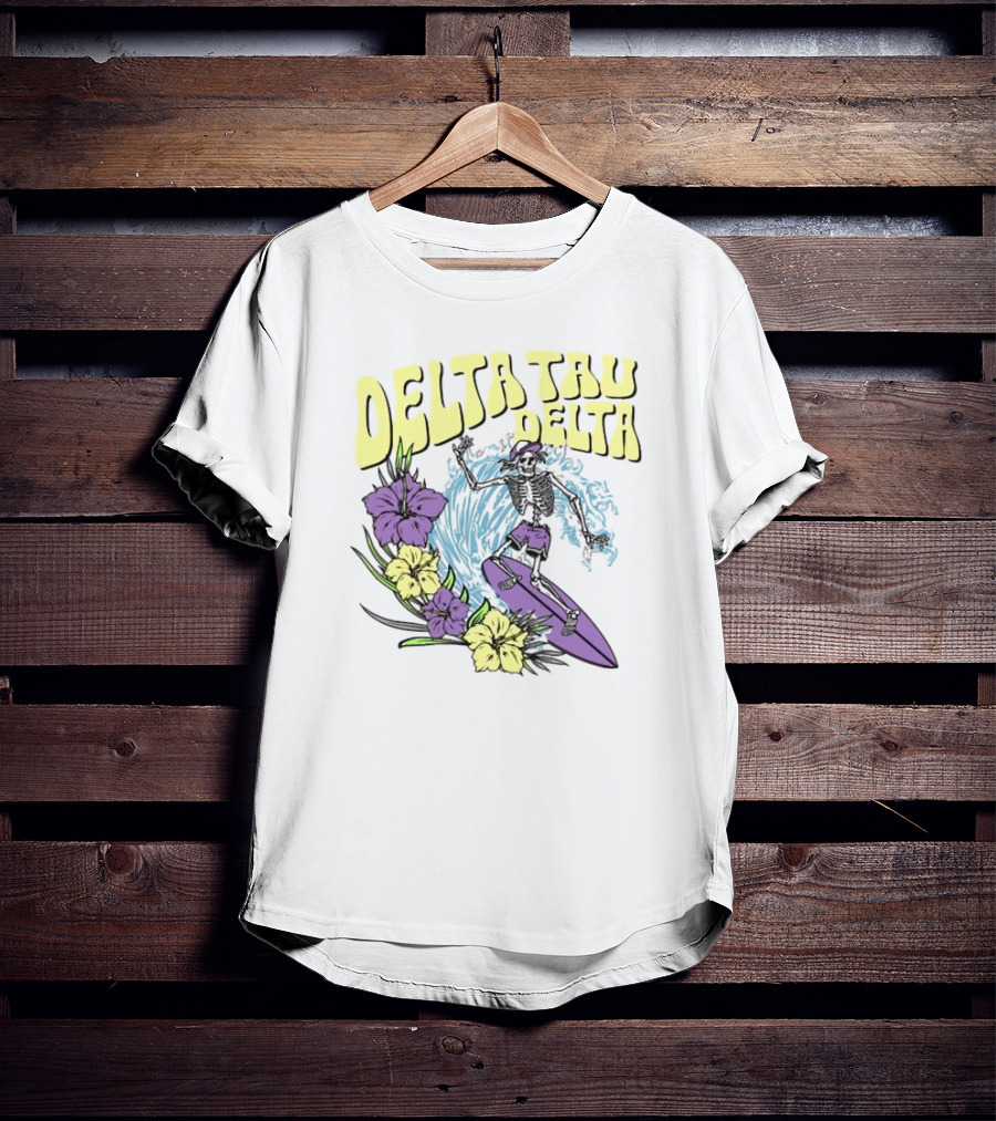 Delta Tau Delta Ride The Wave Skeleton Surfing With Floral Accents T-Shirt