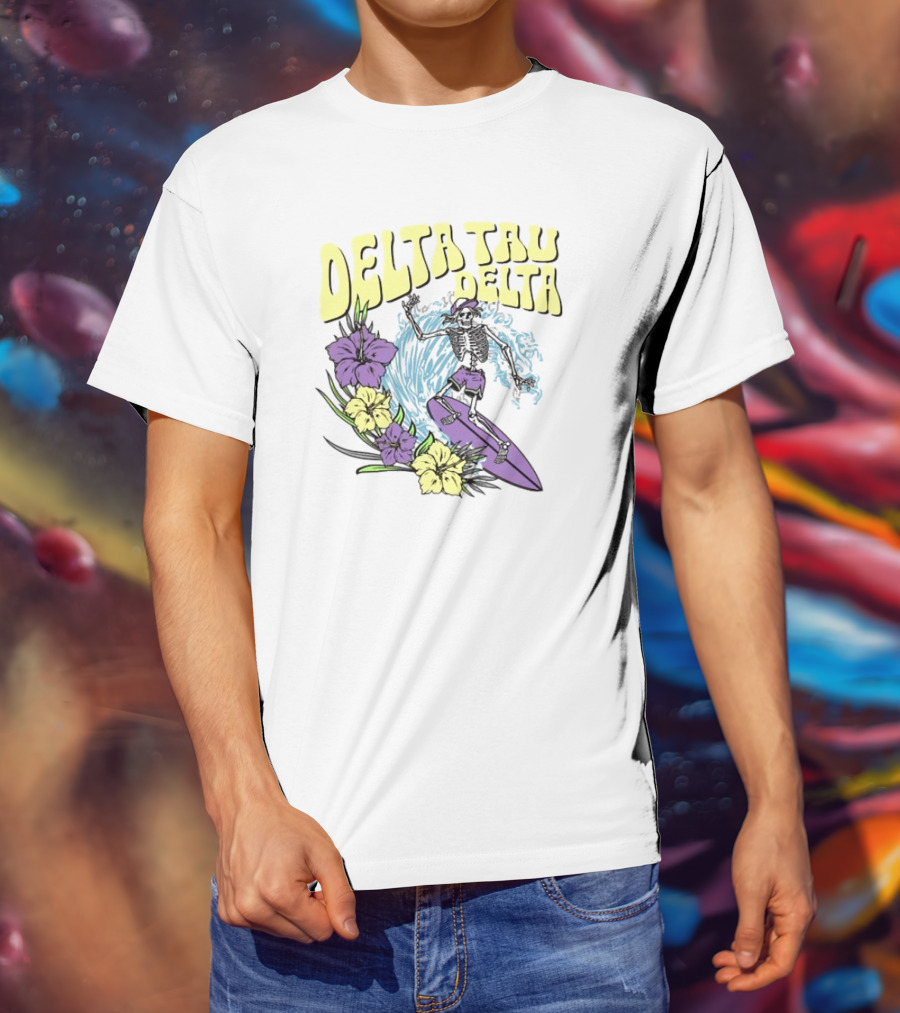 Delta Tau Delta Ride The Wave Skeleton Surfing With Floral Accents T-Shirt