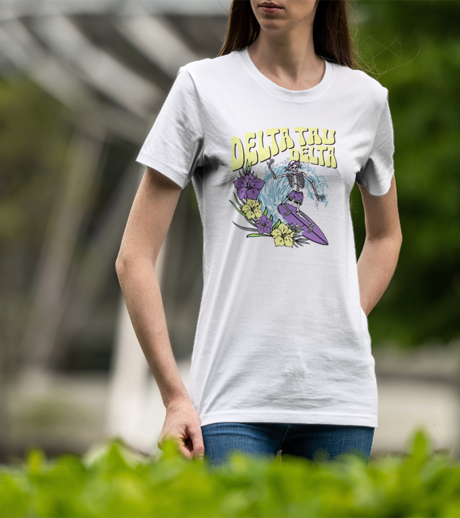 Delta Tau Delta Ride The Wave Skeleton Surfing With Floral Accents T-Shirt