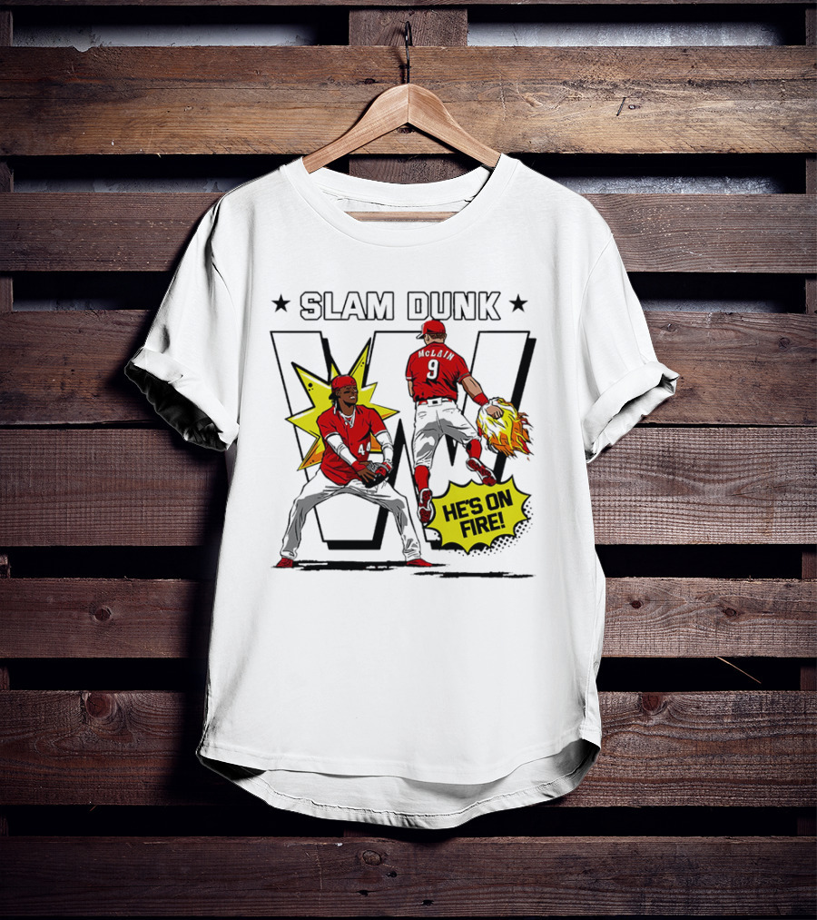 Slam Dunk Cincinnati Reds Elly De La Cruz And Matt McLain He’s On Fire T-Shirt