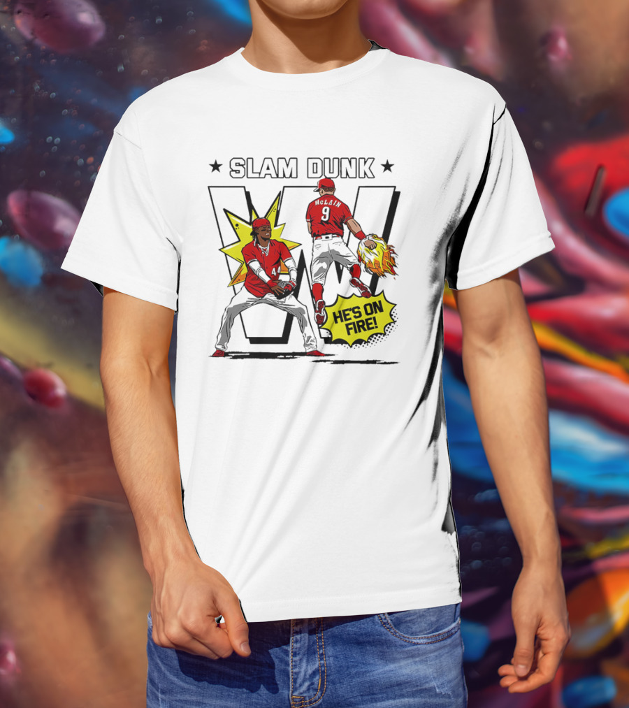Slam Dunk Cincinnati Reds Elly De La Cruz And Matt McLain He’s On Fire T-Shirt