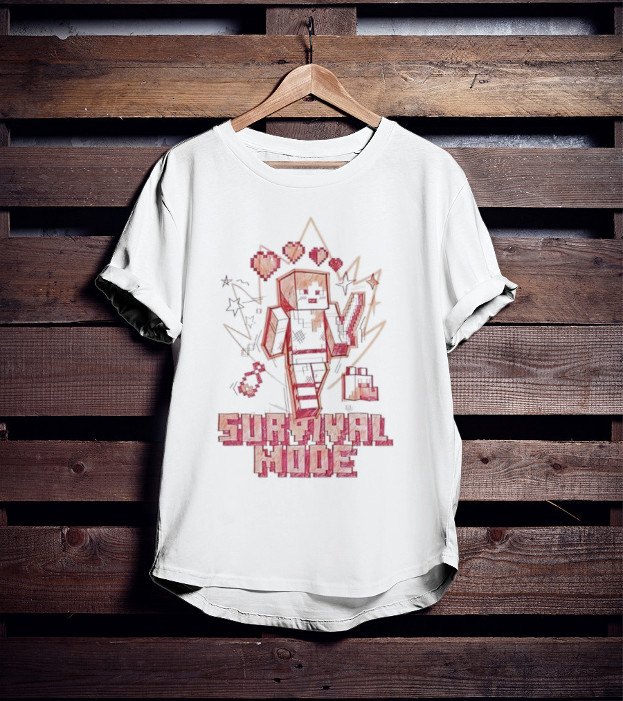 Survival Mode Game Pixel Art Character With Hearts And Tools T-Shirt