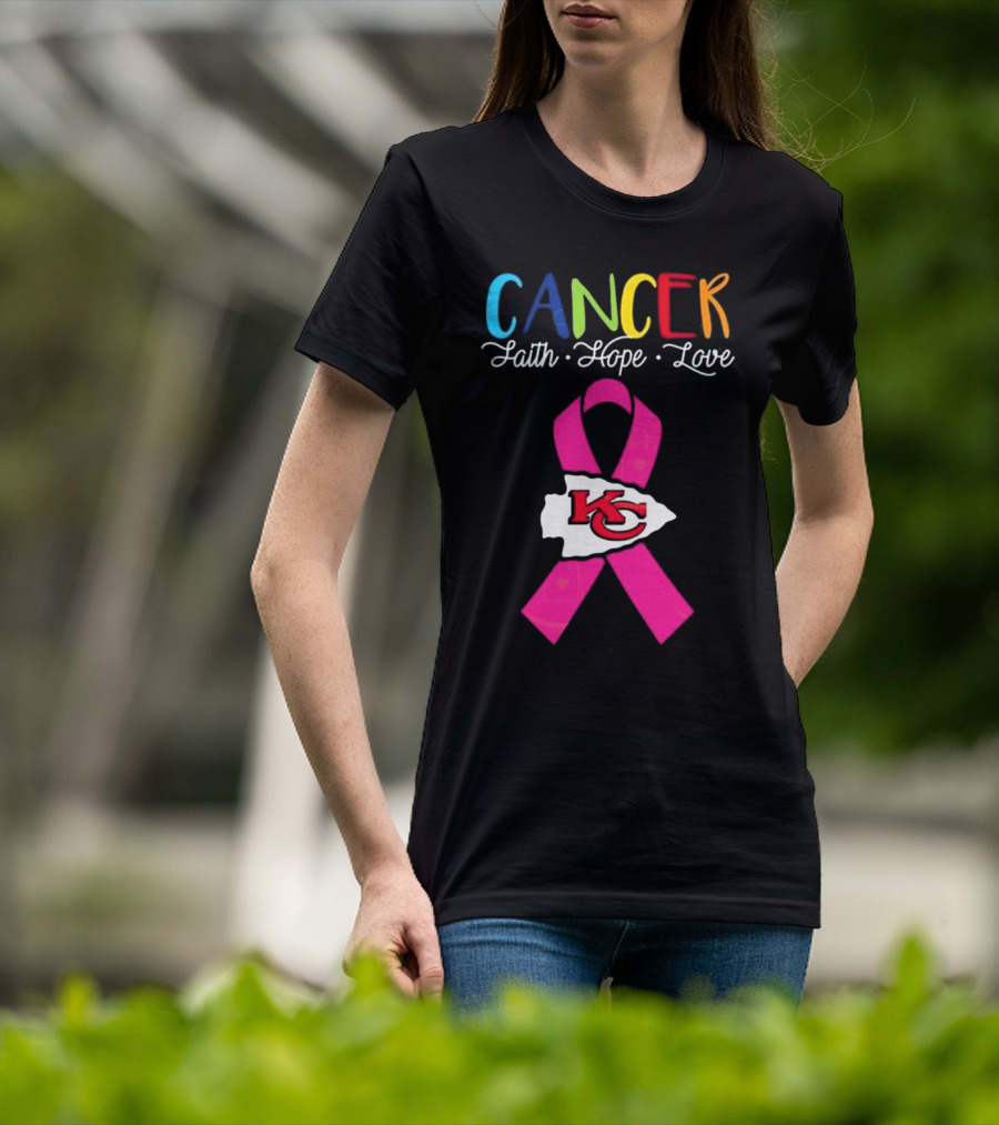 Kansas City Chiefs Pink Ribbon Cancer Faith Hope Love 2025 T-Shirt