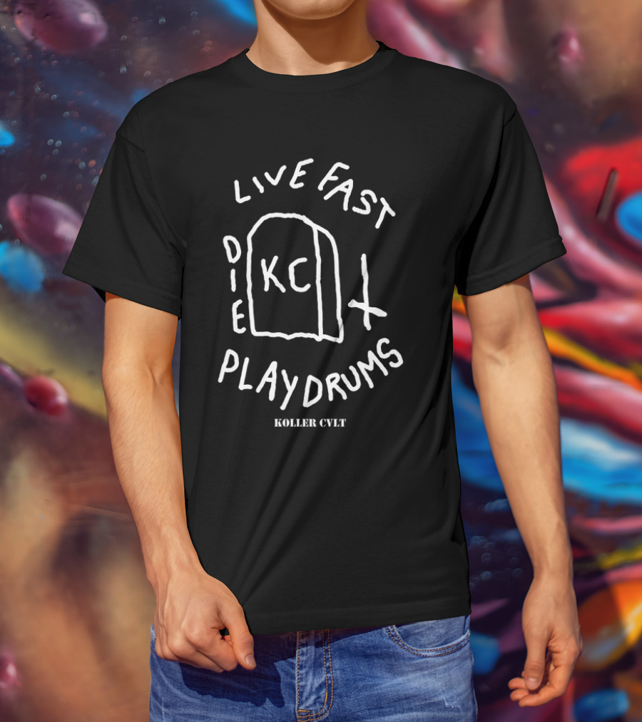 Koller Cvlt Live Fast Die Play Drums KC Gravestone Cross Design T-Shirt