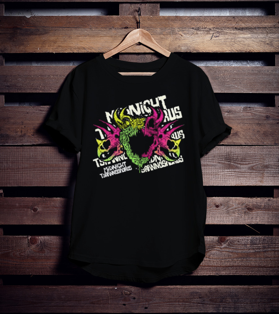 KT8 Midnight Tyrannosaurus Neon Pink Green Skull Illustration T-Shirt