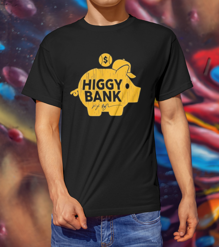 Higgy Bank Piggy Bank Graphic Baseball Theme With Signature And Dollar Sign T-Shirt