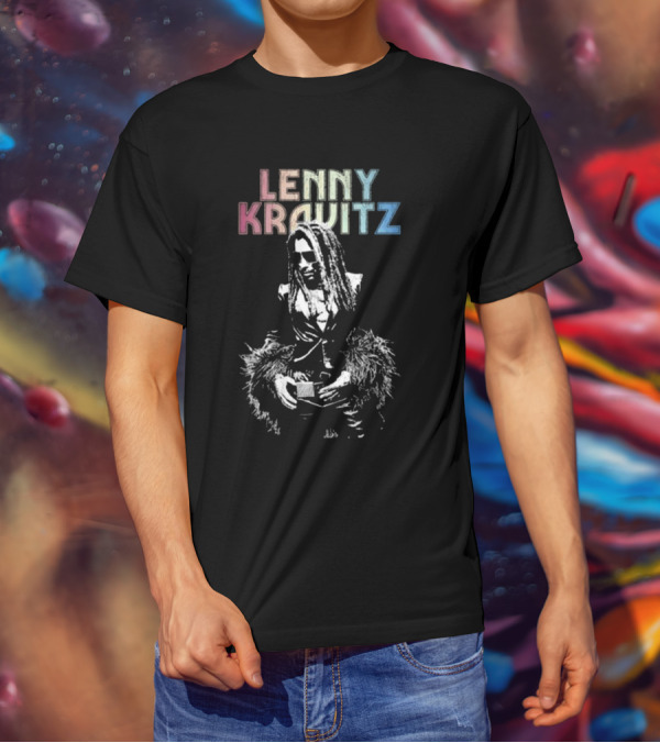 Lenny Kravitz Monochrome Portrait With Rainbow Letters T-Shirt