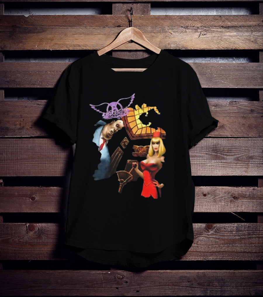 Aerosmith Love In An Elevator Cartoon Artwork With Woman In Red Dress And Man In Suit T-Shirt