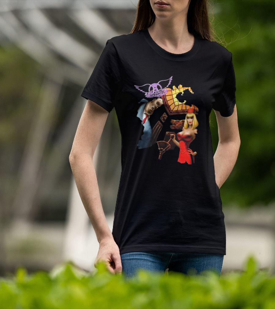 Aerosmith Love In An Elevator Cartoon Artwork With Woman In Red Dress And Man In Suit T-Shirt