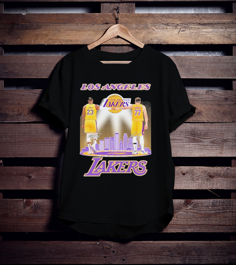 Los Angeles Lakers Luka Doncic Lebron James 23 77 City Skyline T-Shirt