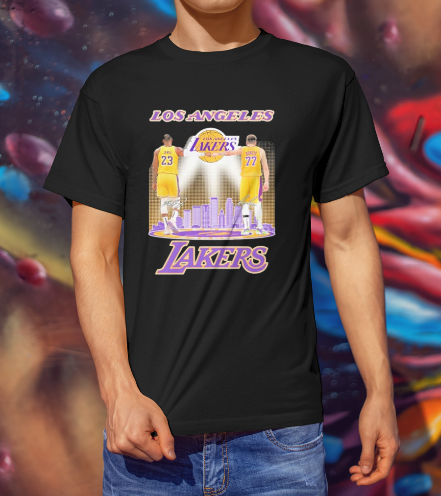 Los Angeles Lakers Luka Doncic Lebron James 23 77 City Skyline T-Shirt