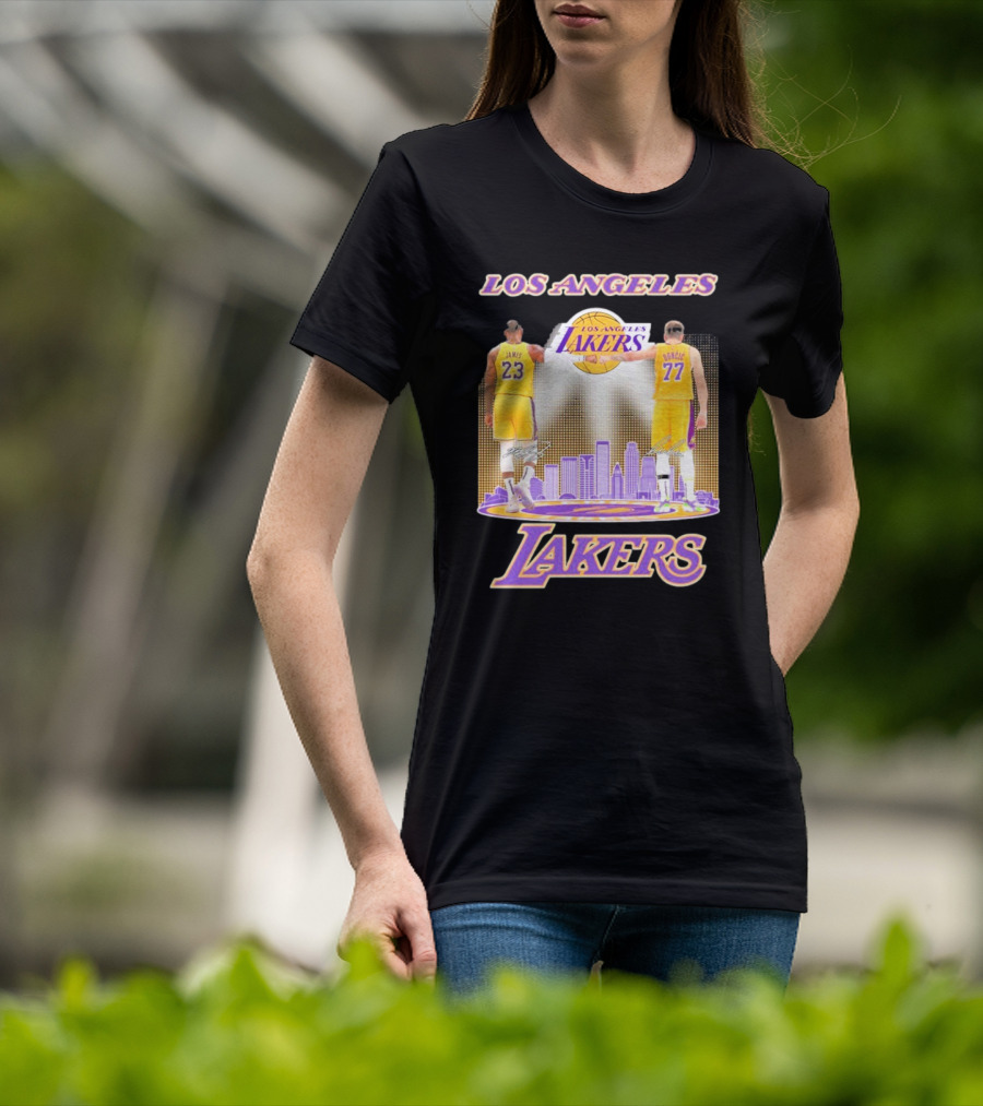 Los Angeles Lakers Luka Doncic Lebron James 23 77 City Skyline T-Shirt
