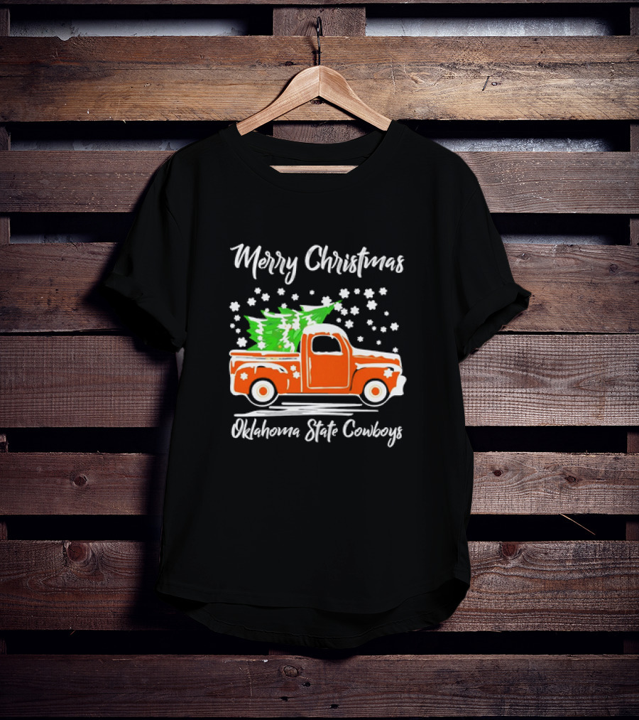 Merry Christmas Oklahoma State Cowboys Orange Truck Snowflakes Green Trees T-Shirt