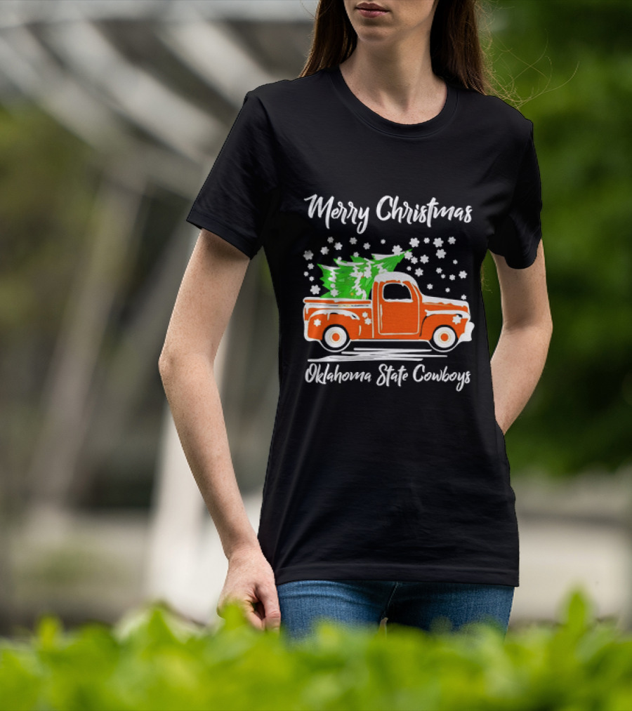 Merry Christmas Oklahoma State Cowboys Orange Truck Snowflakes Green Trees T-Shirt