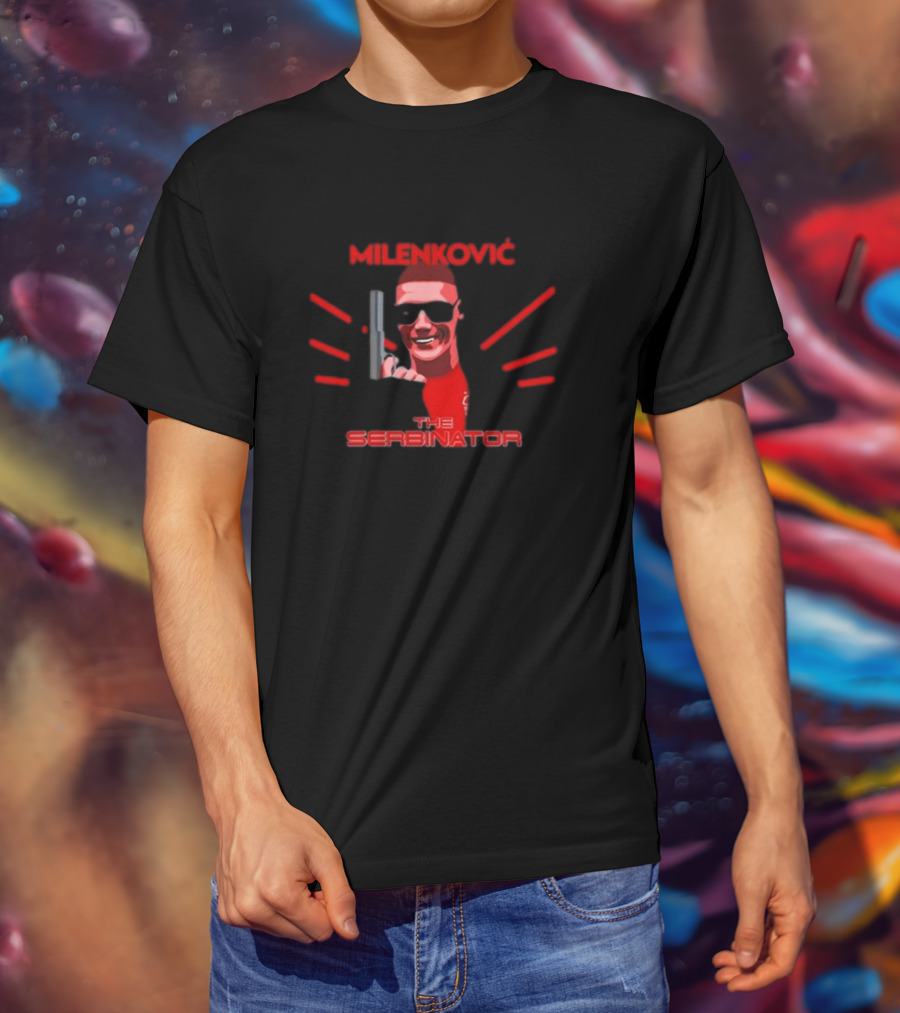 Milenkovic The Serbinator Sunglasses Gun Pose T-Shirt