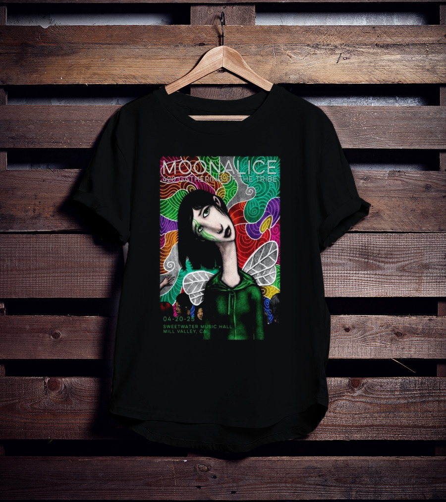 MOONALICE 420 Gathering Of The Tribe 04-20-2025 Sweetwater Music Hall Mill Valley CA Colorful Psychedelic Art With Winged Character T-Shirt