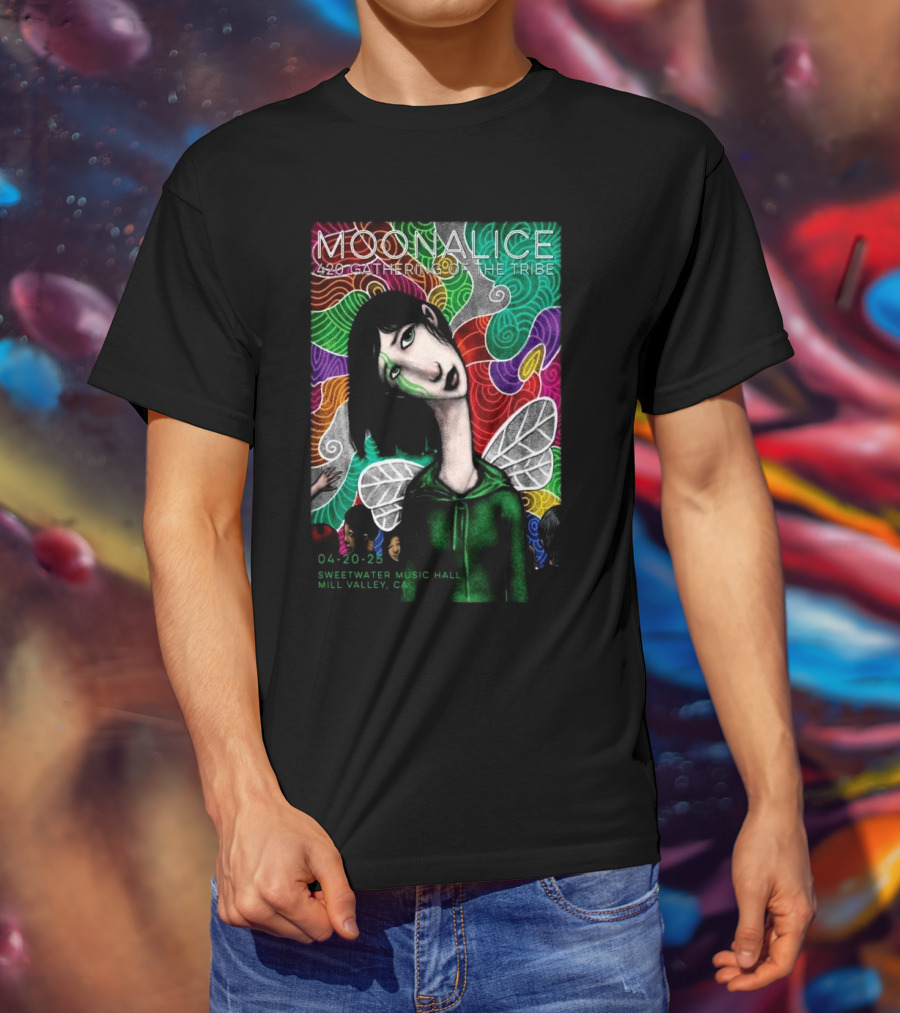 MOONALICE 420 Gathering Of The Tribe 04-20-2025 Sweetwater Music Hall Mill Valley CA Colorful Psychedelic Art With Winged Character T-Shirt