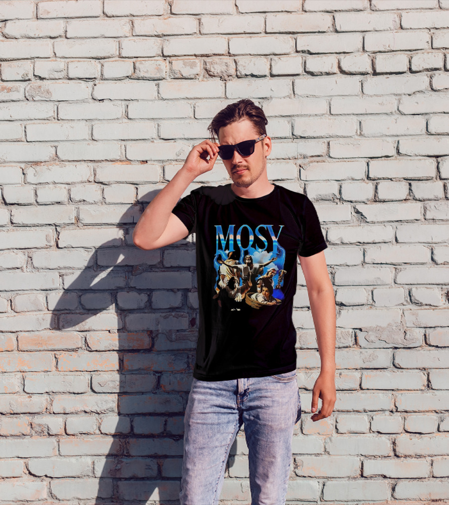 Mosy Moses Biblical Imagery With Lightning Clouds And Figures T-Shirt