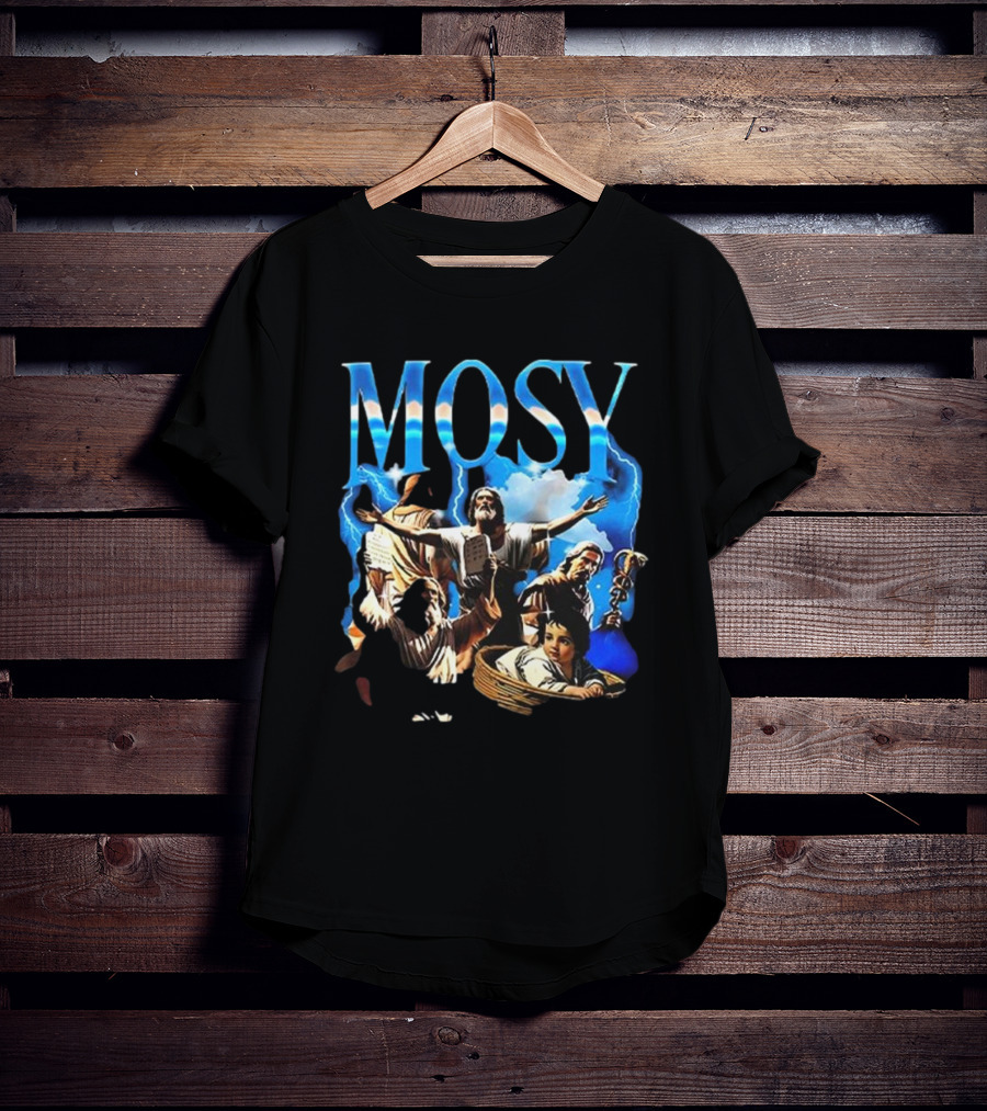 Mosy Moses Biblical Imagery With Lightning Clouds And Figures T-Shirt