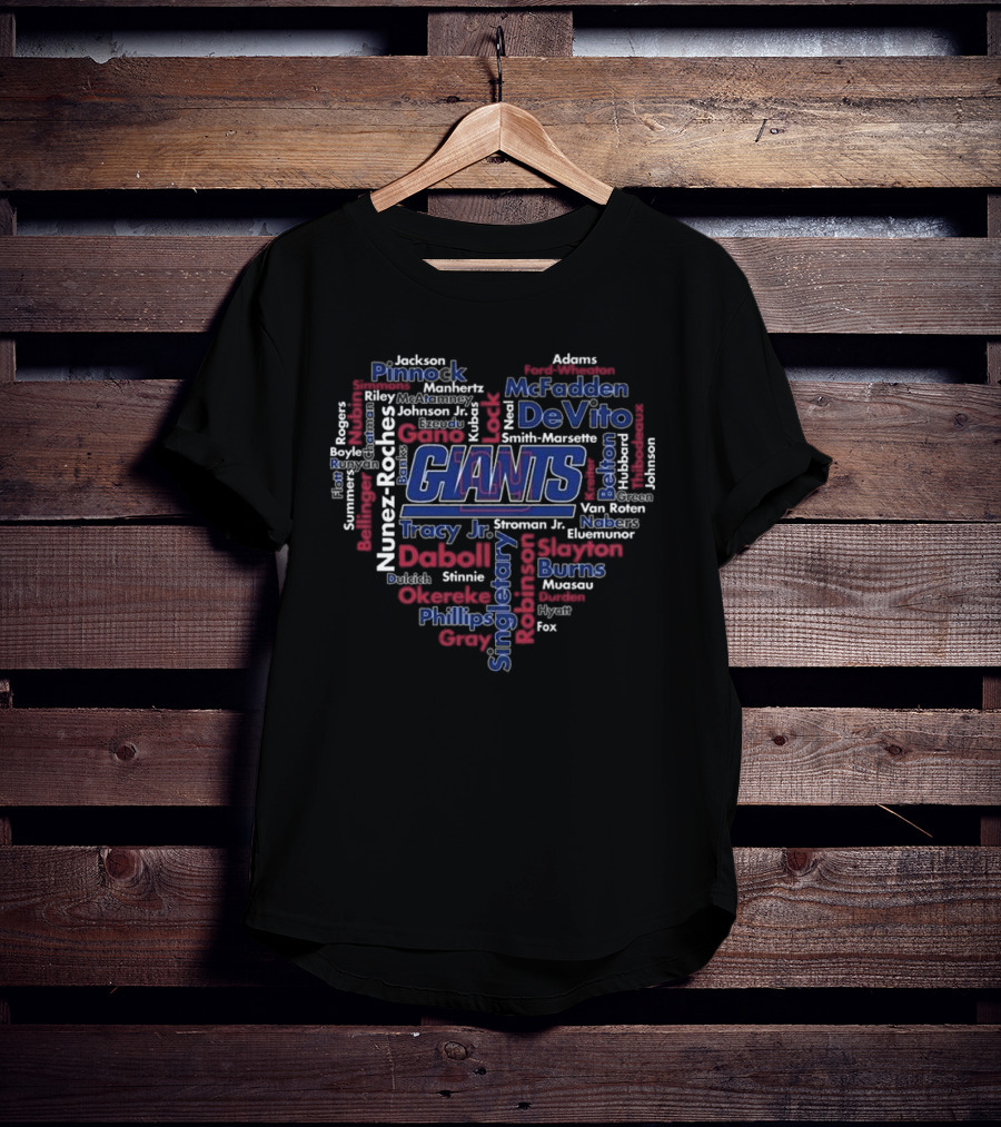 New York Giants Team Names Heart Word Cloud Fan Tribute T-Shirt
