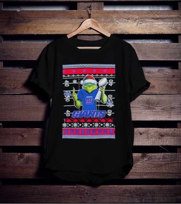 New York Giants Grinch Christmas With Lombardi Trophy Ugly Sweater T-Shirt