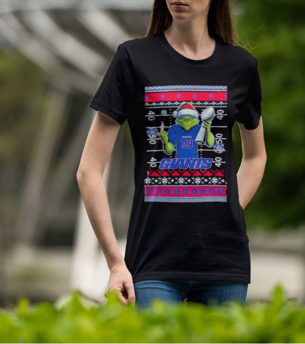 New York Giants Grinch Christmas With Lombardi Trophy Ugly Sweater T-Shirt