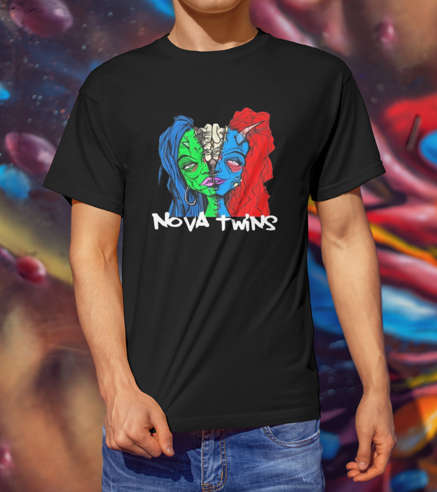 Nova Twins Monster Head Blue Green Red Hair Two-Faced Artwork T-Shirt