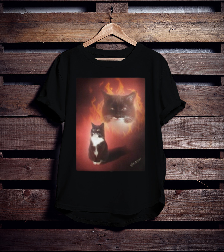 Olan Meows Black And White Cat Flames Retro Theme T-Shirt