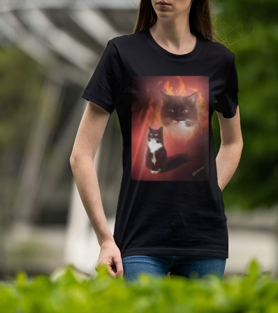 Olan Meows Black And White Cat Flames Retro Theme T-Shirt