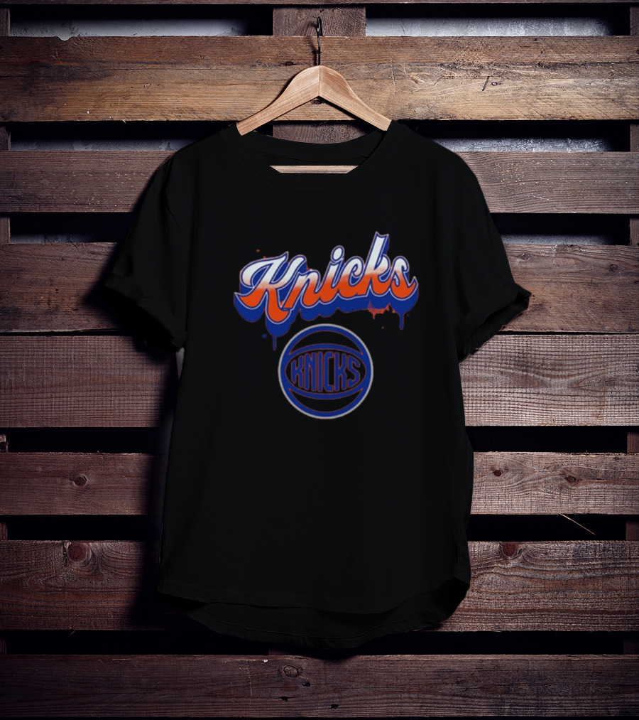 New York Knicks Orange Blue Bubbly Script Basketball Emblem T-Shirt