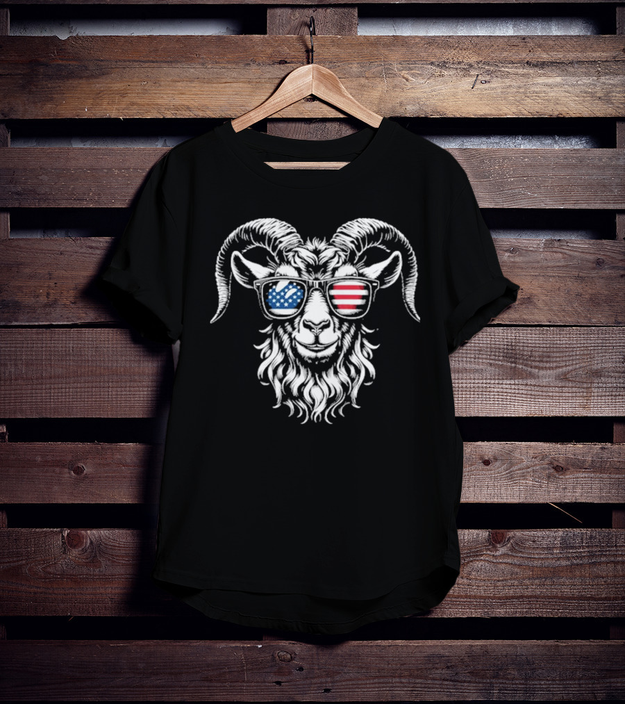 Patriotic Goat With American Flag Sunglasses Design T-Shirt