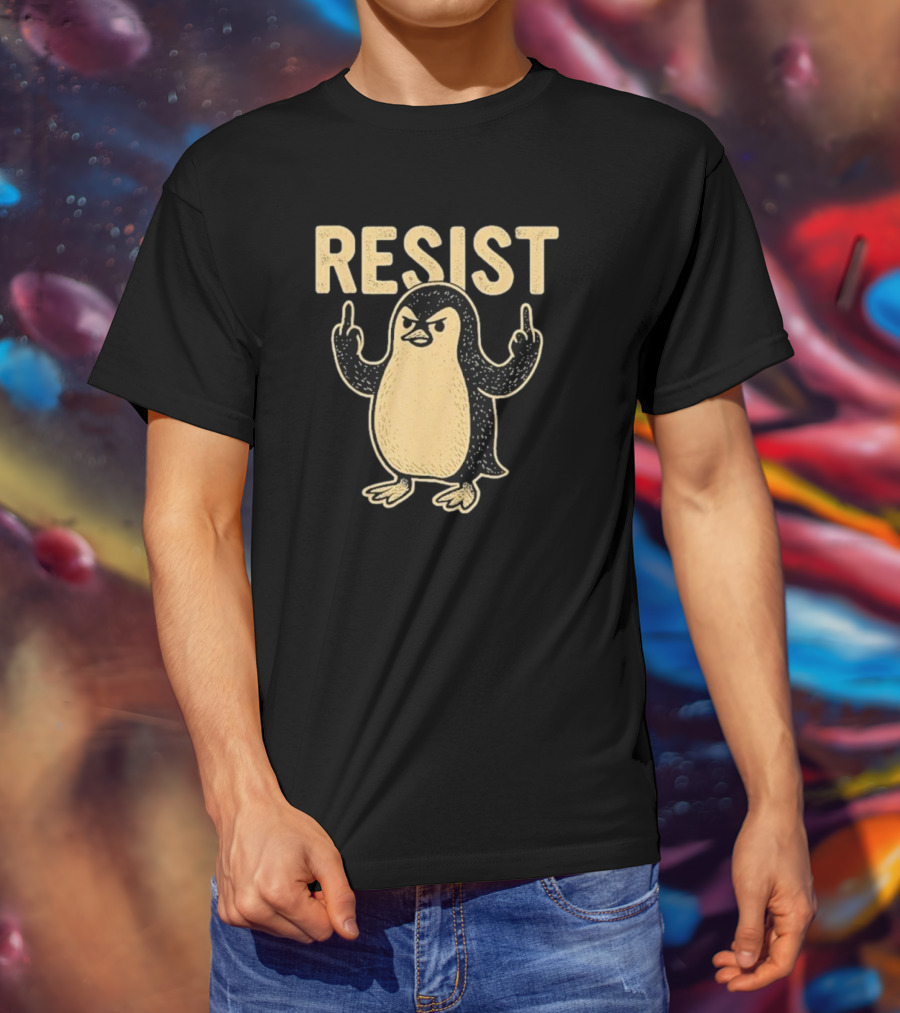 Resist Penguin Middle Finger Protest Symbol T-Shirt