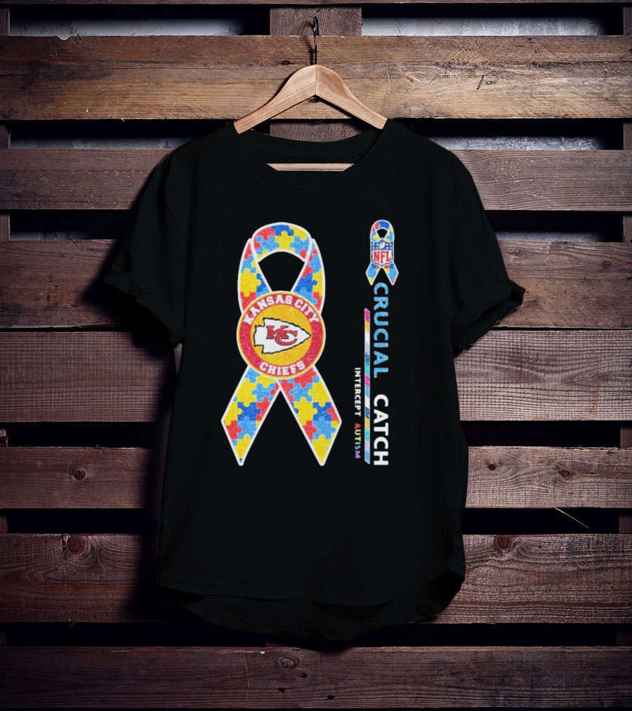 Kansas City Chiefs NFL Puzzle Ribbon Autism Awareness Crucial Catch T-Shirt