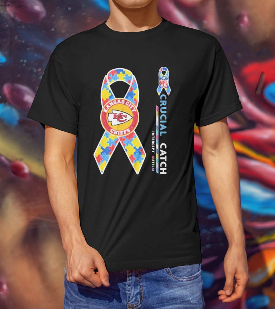 Kansas City Chiefs NFL Puzzle Ribbon Autism Awareness Crucial Catch T-Shirt