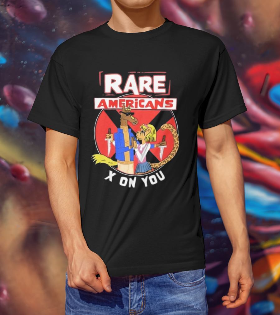 Rare Americans X On You Two Characters Holding Knives Circular Badge T-Shirt