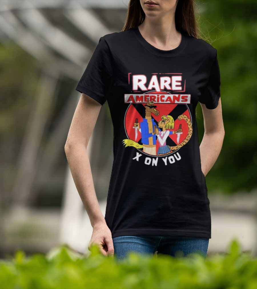 Rare Americans X On You Two Characters Holding Knives Circular Badge T-Shirt