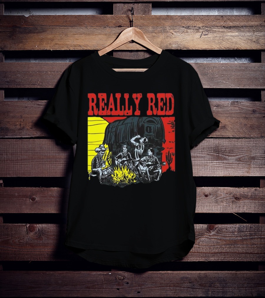Really Red Cow Punks Campfire Scene With Musical Cowboys And Wagon T-Shirt