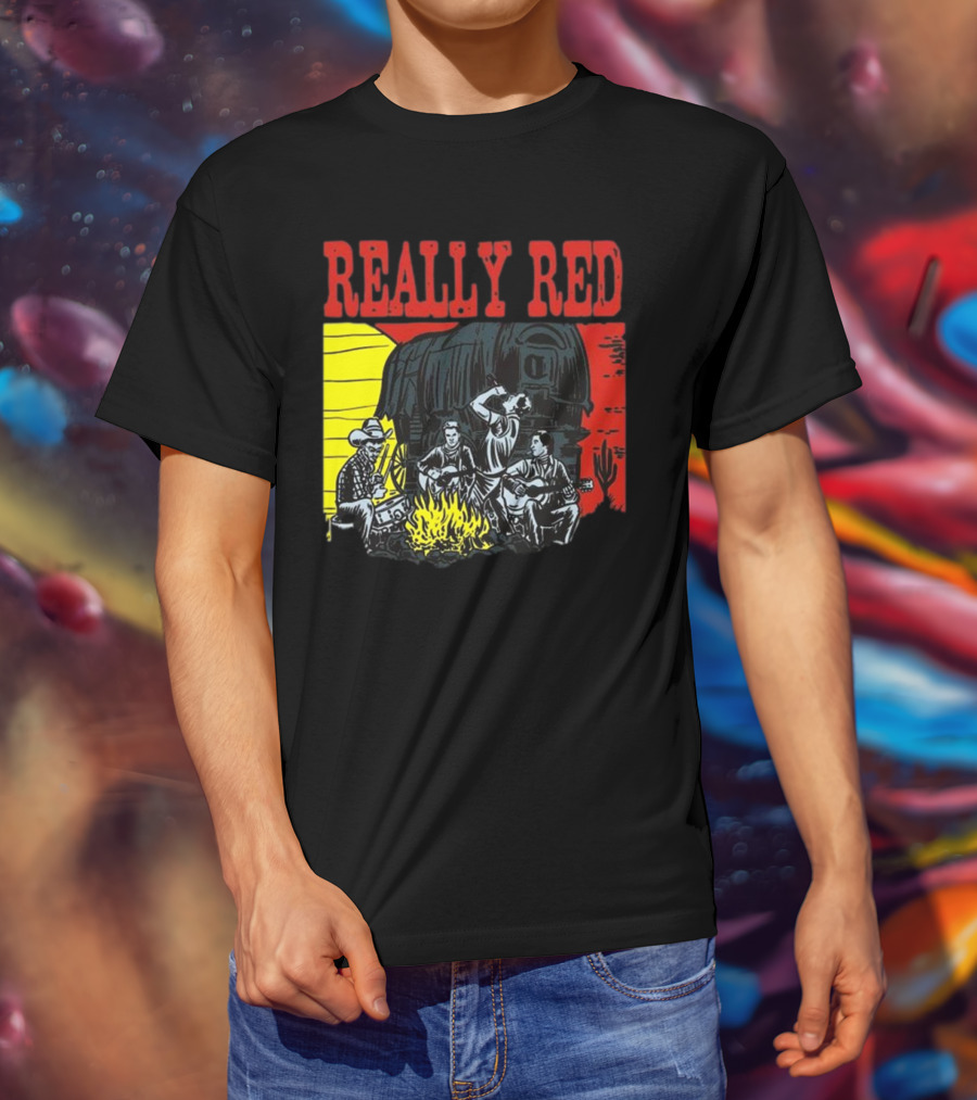Really Red Cow Punks Campfire Scene With Musical Cowboys And Wagon T-Shirt