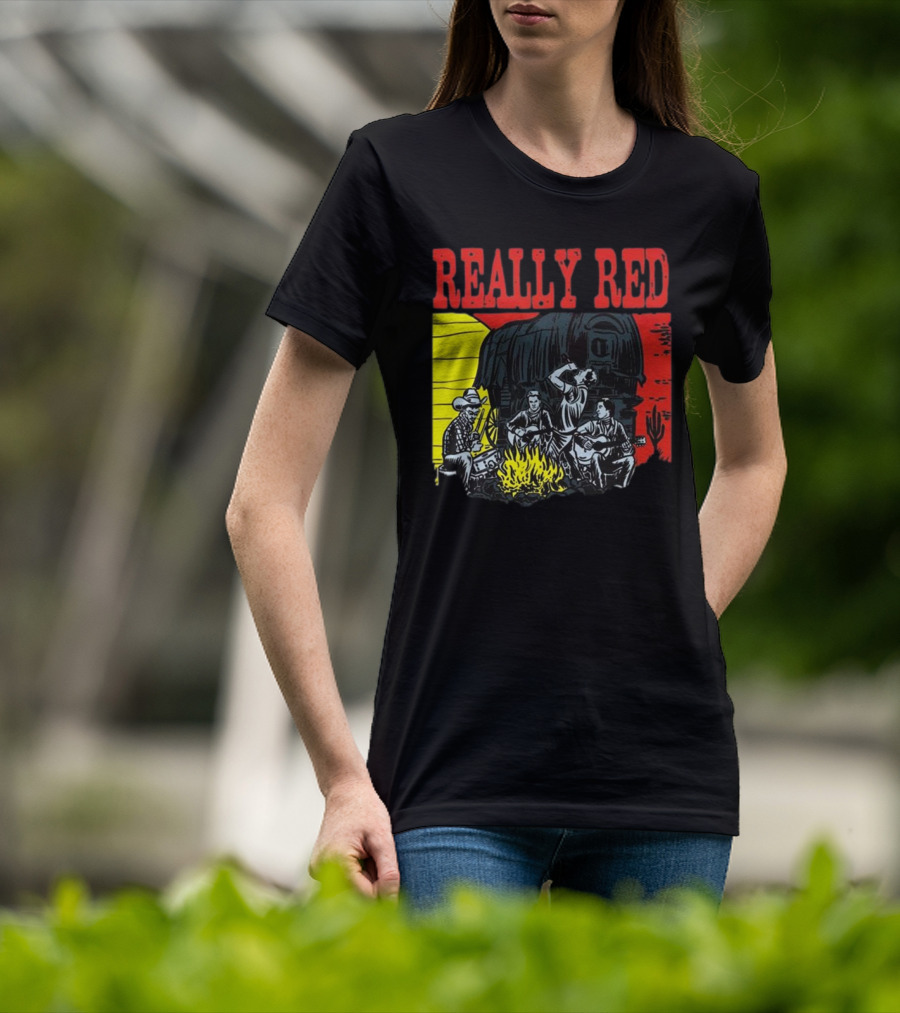 Really Red Cow Punks Campfire Scene With Musical Cowboys And Wagon T-Shirt