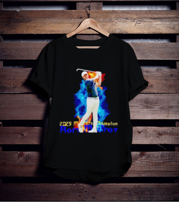 Rory McIlroy 2025 Masters Champion Golf Swing With Fire And Blue Flame Background T-Shirt