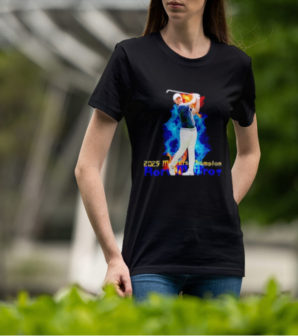 Rory McIlroy 2025 Masters Champion Golf Swing With Fire And Blue Flame Background T-Shirt