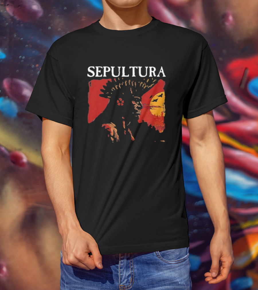 Sepultura Celebrating Life Through Death Black Sunburst And Sunset Scene T-Shirt