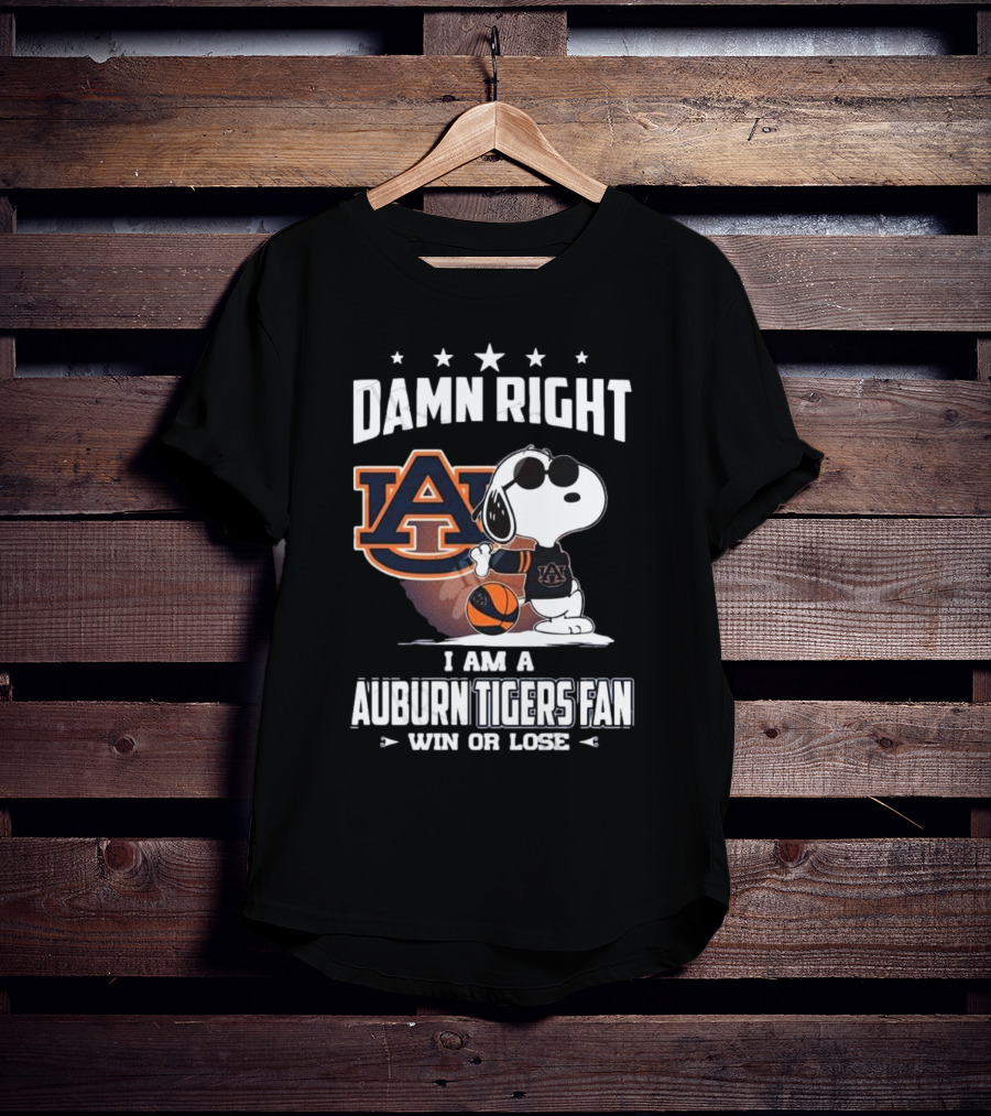 Damn Right I Am A Auburn Tigers Fan Win Or Lose Snoopy Auburn Logo T-Shirt